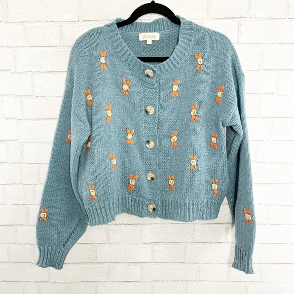 Listicle Blue Button Front Cardigan with Floral Design & Pockets Women's Small - Picture 2 of 10